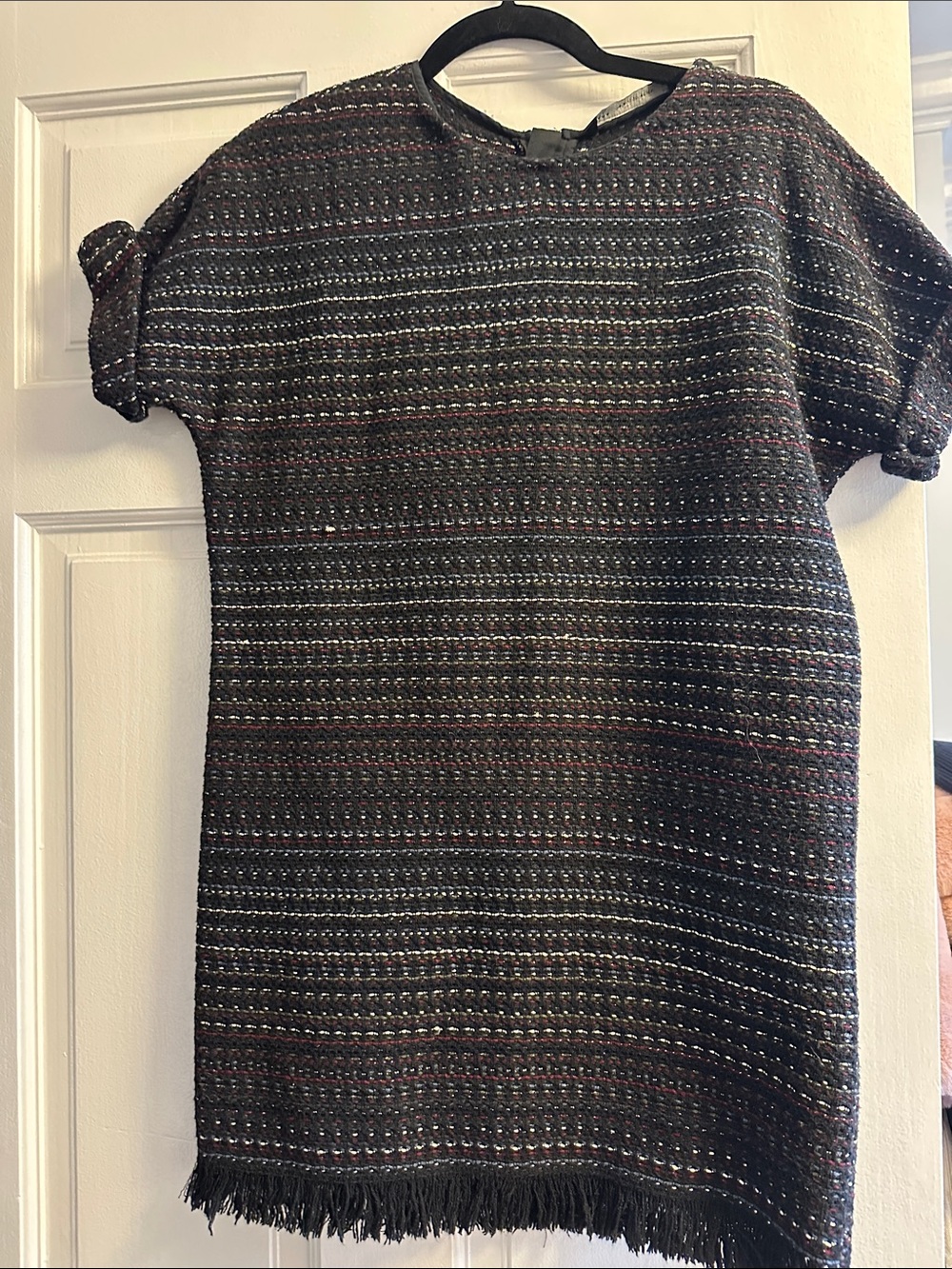Zara tweed Textured Fringe Hem Shift Dress in Black and Multicolor size XS